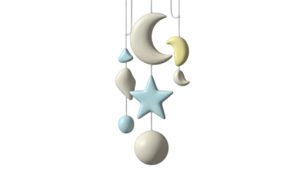 A Hanging Baby Crib Mobile Featuring A Crescent Moon Star And Geometric Shapes In Soft Pastel Colors Against A Transparent Background