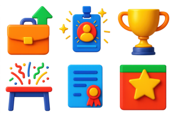 3D Promotion Icons. 3D icon set of promotions and recognition: briefcase with arrow up, shining employee badge, office trophy icon