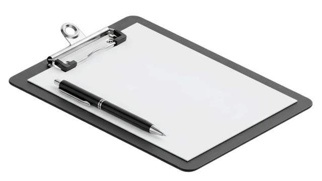 A Gray Clipboard with a Blank White Paper Sheet and a Black Pen on a Transparent Background Isolated Object Minimalist Design for Documentation or Notes
