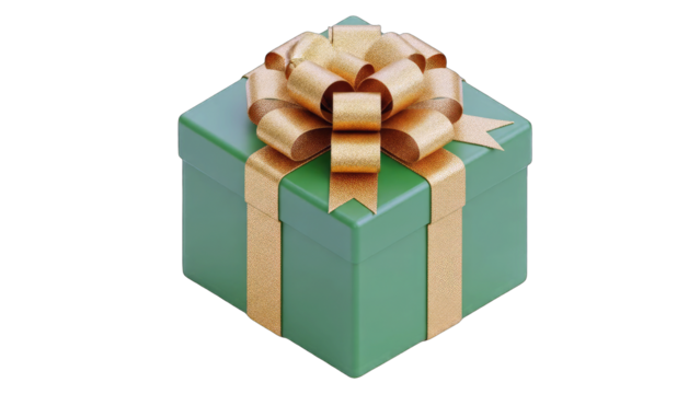 A Green Gift Box with a Gold Glitter Bow and Ribbon Isolated on a Transparent Background Perfect for Any Celebration