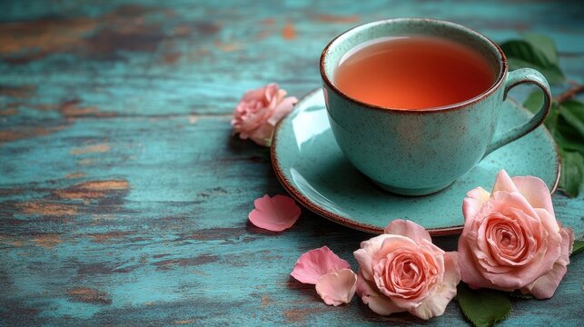A delicate teacup adorned with vibrant rose petals sits on a smooth blue tabletop, creating a romantic and serene still life. - Powered by Adobe