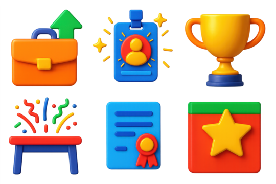 3D Promotion Icons. 3D icon set of promotions and recognition: briefcase with arrow up, shining employee badge, office trophy icon