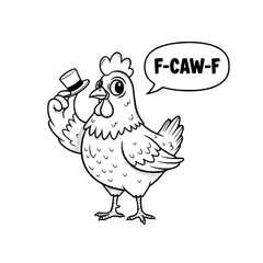 Obraz premium A whimsical chicken illustration, charmingly attired with a stylish hat and uttering a playful sound bubble F-CAW-F, exuding a friendly and cheerful vibe. vector illustration