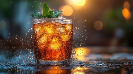 A vibrant iced tea garnished with fresh mint leaves, presented with a blurred bokeh background creating a serene summer atmosphere, conveying relaxation and warmth.