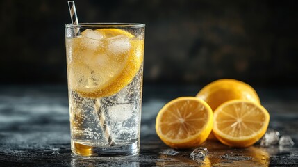 A refreshing glass of sparkling water with lemon slices, capturing the essence of summer hydration and coolness. Freshly squeezed lemons add to the vibrant presentation.