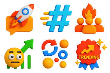 3D Viral Marketing Icons. 3D icon set of viral marketing strategies: rocket over comment bubble, hashtag with motion trail, crowd