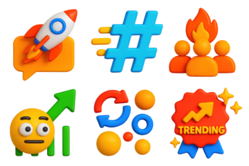 3D Viral Marketing Icons. 3D icon set of viral marketing strategies: rocket over comment bubble, hashtag with motion trail, crowd