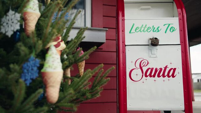 Christmas mailbox for letters to Santa next to a decorated holiday tree with colorful ornaments in a festive outdoor setting.
