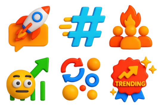 3D Viral Marketing Icons. 3D icon set of viral marketing strategies: rocket over comment bubble, hashtag with motion trail, crowd