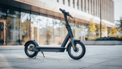 Modern electric scooter parked near a contemporary office building, promoting eco-friendly transportation and urban mobility for commuting and green initiatives