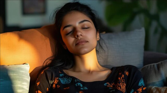 A woman in a peaceful state, eyes closed, resting on her couch