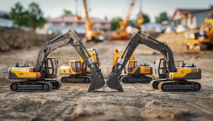 Dynamic excavators poised for construction projects, showcasing modern heavy machinery in action, perfect for engineering and development visuals with powerful equipment