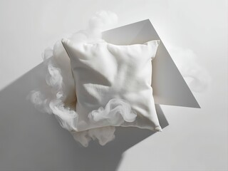 Soft white pillow surrounded by airy mist on geometric background, capturing serene minimalism of Cloud Dancer and Color of the Year 2026 for modern interior, wellness and lifestyle themes.
