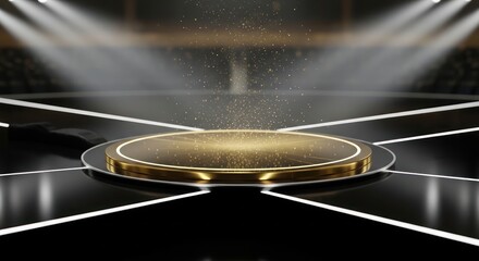 Elegant golden platform radiating with ethereal dust particles amidst an abstract stadium backdrop