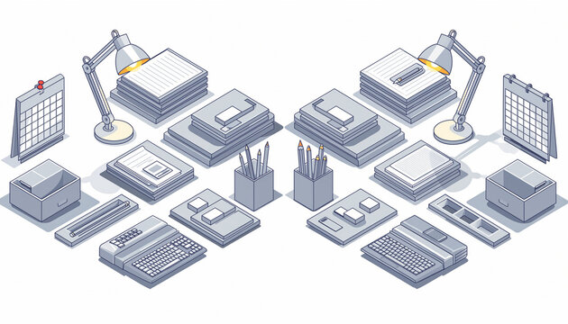 Organized isometric office workspace with modern desk lamp, calendar, keyboard, and papers, perfect for showcasing productivity and technology in business contexts