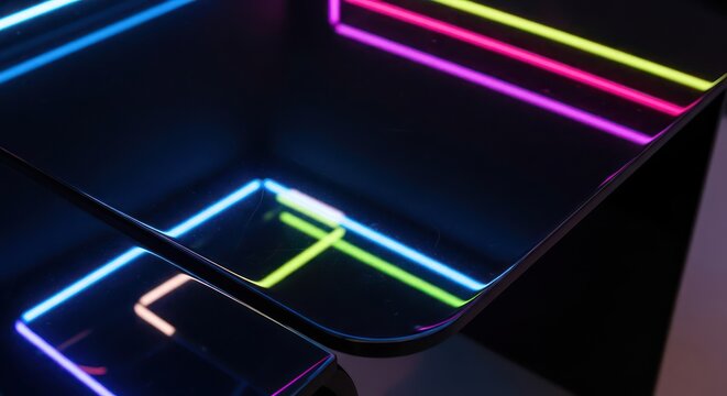 Reflections of colorful neon lights on a glossy dark surface forming geometric patterns