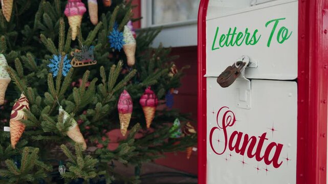 Festive mailbox for letters to Santa next to a decorated Christmas tree with colorful ornaments in an outdoor holiday setting.
