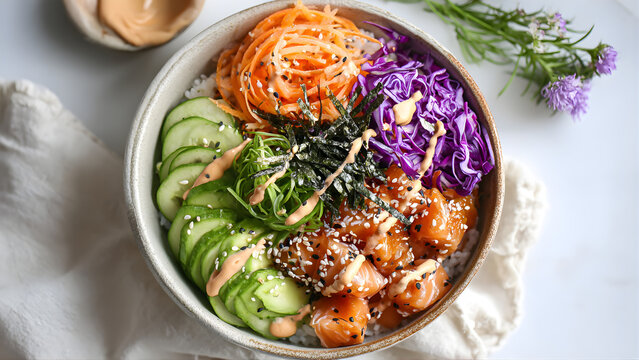 Top-down overhead view of a beautifully styled Spicy Salmon Maki Bowl on a white kitchen counter, vibrant colors from salmon, avocado, cucumber, cabbage slaw, rice, nori, sesame seeds, spicy mayo driz