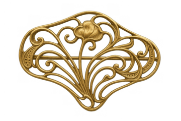 Ornate art nouveau gold brooch with a floral design, vintage antique jewelry accessory, transparent background