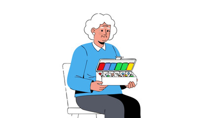 Elderly man holding pill organizer and smiling while sitting on chair  