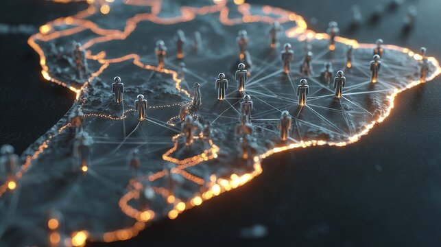 A Detailed Digital Representation of a Connected Network Across an Abstract Map, Showcasing People and Interactions in a Modern Context