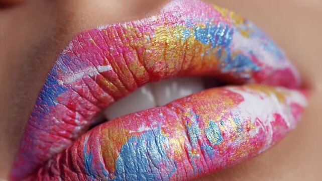 Generative AI. Close-up of vibrant, artistic lips adorned with colorful paint, showcasing a creative makeup design that highlights beauty and self-expression in a visually striking manner