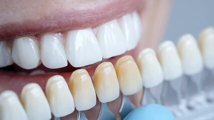 Generative AI. Close-up of a smiling individual showcasing bright white teeth next to a dental shade guide, illustrating the comparison of tooth color for cosmetic dentistry purposes