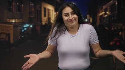 Woman shrugs with open hands on a dim city street at night, wearing a lavender tshirt and jeans,...
