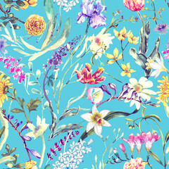 A floral seamless pattern with watercolor garden flowers. Seamless wallpaper with daffodils, hyacinths, freesia, and tulips.