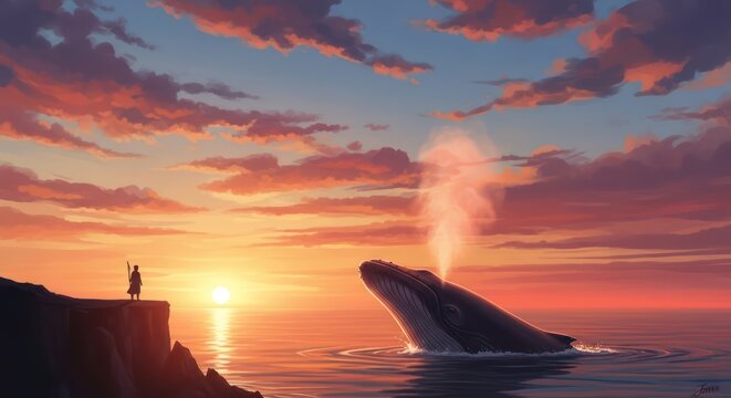 Oceanic encounter at sunset, a solitary figure meets the grandeur of a whale's breath