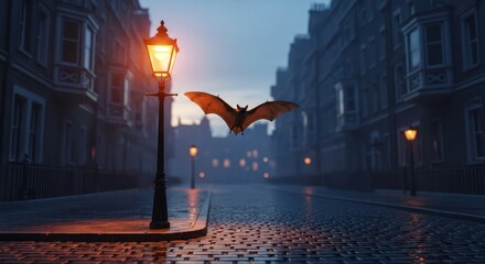 Mysterious nocturnal scene featuring a bat flying through a vintage city street