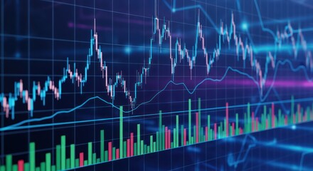 Financial market chart analysis with rising and falling candlesticks over time horizon