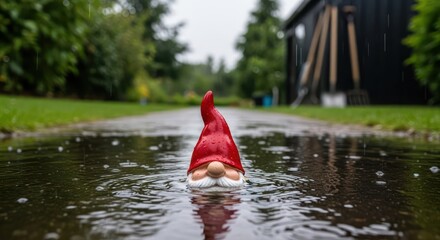 Rainy day garden gnome adventure in a waterlogged landscape capturing the whimsical essence of