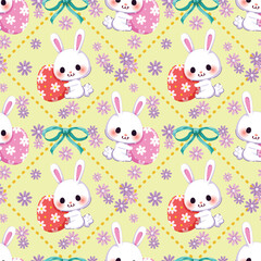 Obraz premium Seamless pattern cartoon of a easter bunny and flower. This adorable cartoon illustration captures of easter. Suitable for wrapping paper, wallpaper, prints and children's clothes.