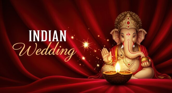 Elegant ganesha illustration on red silk backdrop for indian wedding theme design