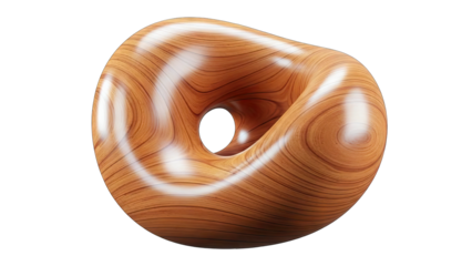 A Seamless Wooden Torus Shape With Visible Wood Grain Texture Floating Isolated On A Transparent Background With Realistic Lighting And Reflective Surface