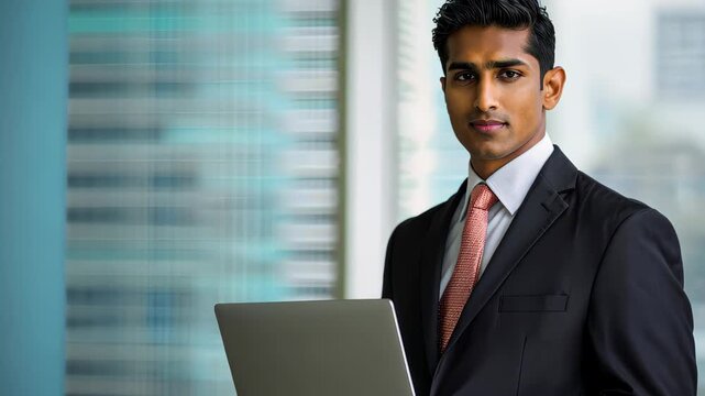 Business Professional at Work: A poised businessman stands confidently in a modern office, a laptop in hand, ready for business