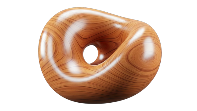 A Seamless Wooden Torus Shape With Visible Wood Grain Texture Floating Isolated On A Transparent Background With Realistic Lighting And Reflective Surface - Powered by Adobe