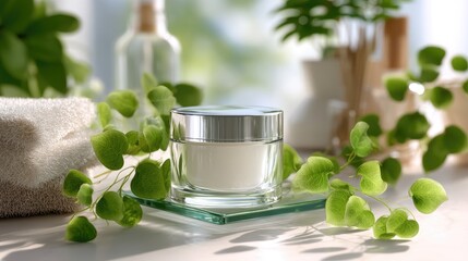 Elegant Skincare Cream Jar Surrounded by Fresh Greenery on a Bright Day in a Stylish Spa or Bathroom Setting