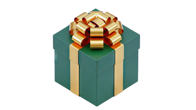 A Square Green Gift Box Tied With A Golden Ribbon And A Bow Isolated On A Black Background With Studio Lighting And No Shadows