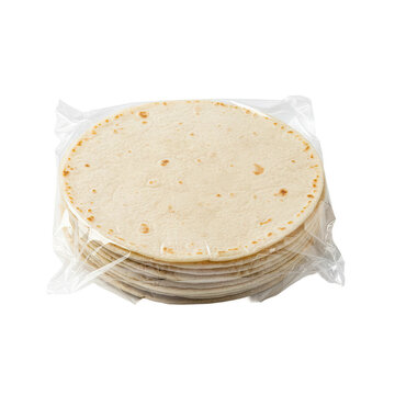 Tortilla wrap stack in plastic packaging on transparent background studio shot