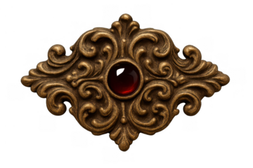 Ornate antique baroque brooch with red gemstone, jewelry accessory in vintage style, transparent background