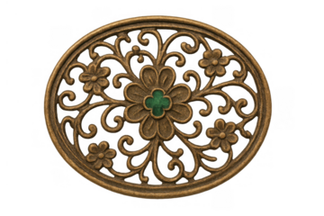 Vintage brass filigree ornament featuring a detailed floral pattern with green accent, isolated on transparent background