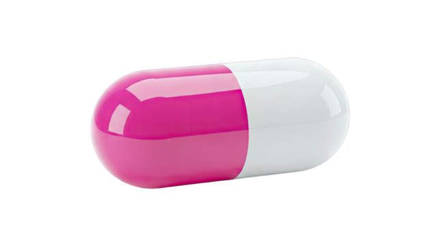 A Single Pink And White Pharmaceutical Capsule Isolated On A Transparent Background With Studio Lighting And A Subtle Shadow Showing Its Shape And Texture