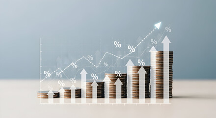 Investment growth is visually represented with stacked coins and upward-pointing arrows, symbolizing financial success and portfolio appreciation in the market.