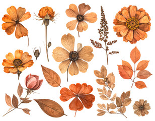 Watercolor autumn flowers, leaves, and dried botanical elements