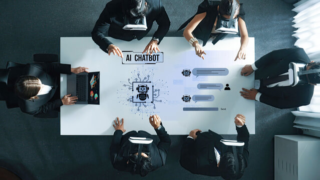 A diverse business team collaborates in a modern conference room, utilizing virtual reality headsets to interact with an AI chatbot interface, fostering innovation and creativity. Trope