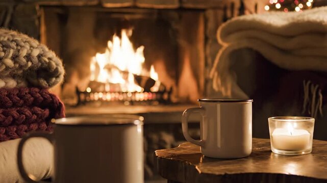 cozy indoor fireplace scene with warm lighting candles and knitted blankets