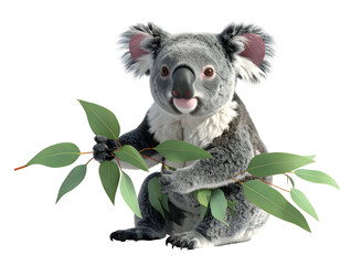 A cute koala holds green eucalyptus leaves, transparent background