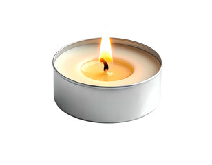 A lit tea light candle with a bright flame, glowing on a dark background